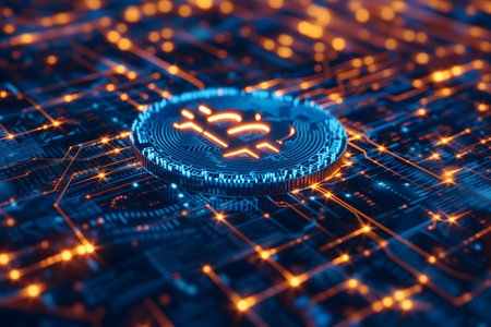 glowing bitcoin shiner laid over circuit boardの素材