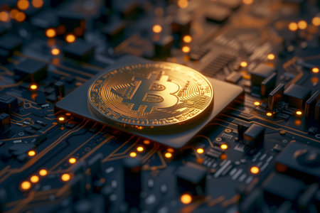 bitcoin shiner laid over circuit boardの素材