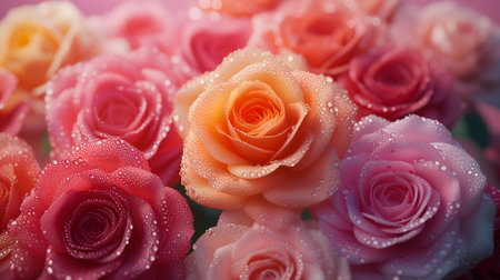 A lush bouquet of roses with dew dropsの素材