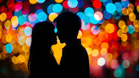 silhouette of a couple with a colorful bokeh backgroundの素材