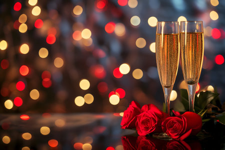 glasses with sparkling wine or champagne and red roses on table with bokeh lights in the backgroundの素材