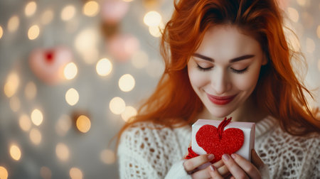 Beautiful redhead woman with gift for Valentines Day with bokeh at background.の素材
