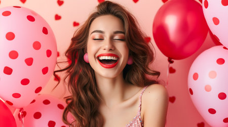Young adult woman with red and pink air balloons laughing, on pink polka dots background. Happy holiday party. Joyful beauty having fun, celebrating Valentines Day.の素材