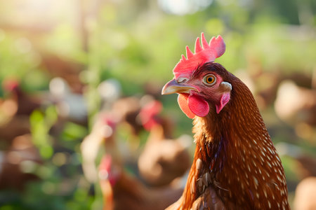 Portrait of hen on the chicken farm, closeup with bokeh.の素材