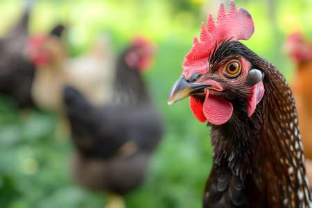 Portrait of hen on the chicken farm, closeup with bokeh.の素材
