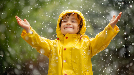 Happy child in yellow raincoat enjoying rain.の素材