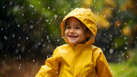 Happy child in yellow raincoat enjoying rain.の素材