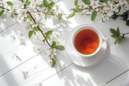 A cup of tea is on top a white table with blossoming floral branches.の素材