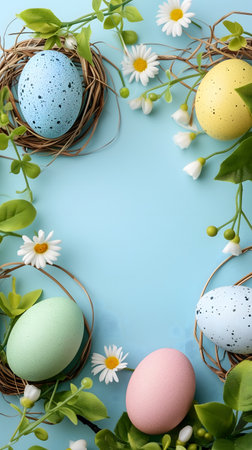 Easter eggs day background with copy space, high angle view.の素材