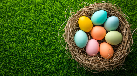 Easter basket with colorful eggs on a background of green grass meadow, high angle viewの素材
