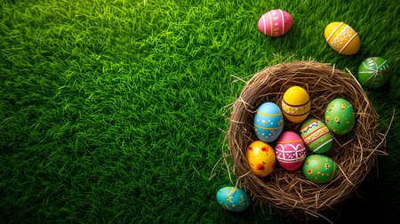 Easter basket with colorful eggs on a background of green grass meadow, high angle viewの素材
