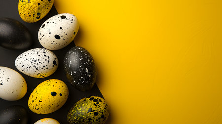 Golden, black, white Easter eggs on a yellow-black background. geometry. Minimal concept. View from above.の素材