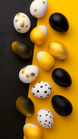 Golden, black, white Easter eggs on a yellow-black background. geometry. Minimal concept. View from above.の素材