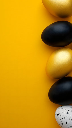 Golden, black, white Easter eggs on a yellow-black background. geometry. Minimal concept. View from above.の素材