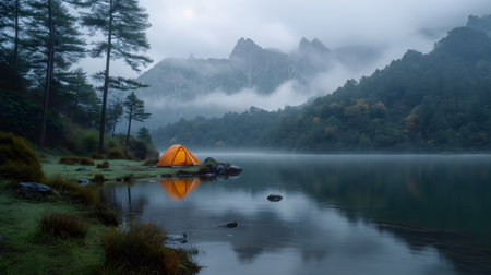 Close-up of a tent in the foreground and mountains with fog in the background with a lake or river in the foreground.の素材