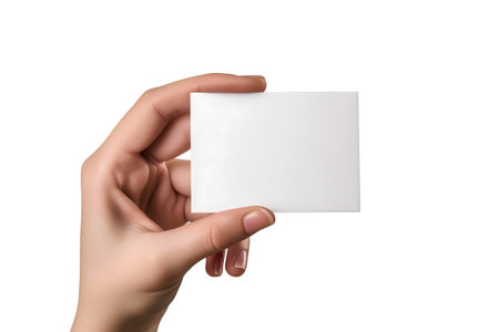 woman Hand holding blank business card on white backgroundの素材