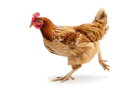Running chicken hen on white background.の素材