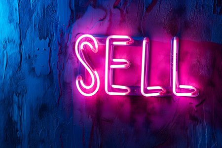 neon inscription word sell on dark shabby wallの素材