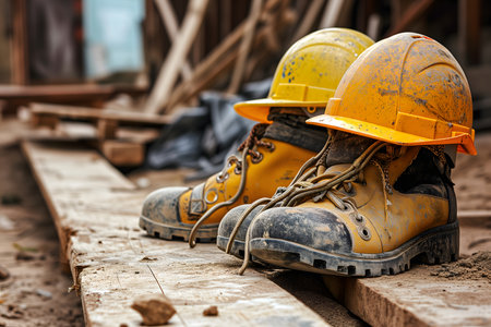 old yellow hard hats and boots at construction site for safety conceptの素材