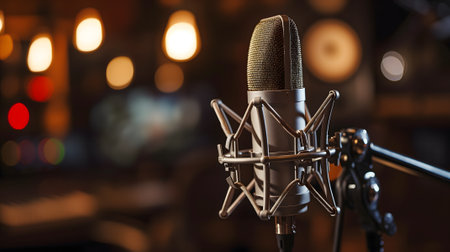 A condenser studio microphone with a shock mount in a music studio, representing the musical concept with asymmetrical composition and copy spaceの素材
