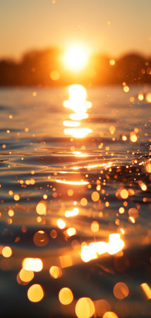 Sunset bokeh on water: golden sky over a body of water, with the light reflecting and creating a bokeh effect.の素材