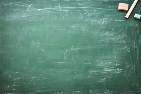 First-class, An empty green chalkboard with an eraser and white chalk, ready for Teachers Dayの素材