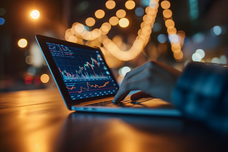 Laptop with human hands typing and stock market trading charts on the screen with night lights bokeh in the backgroundの素材