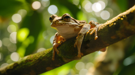 A frog resting on a tree branch in dense junglesの素材