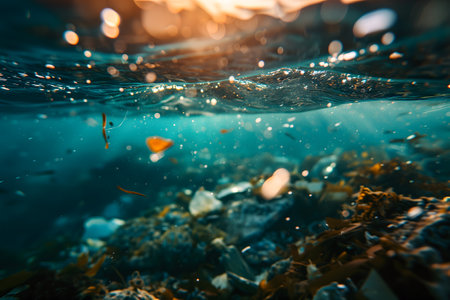Plastic pollution in the ocean, garbage floating under water illuminated with sunlight.の素材