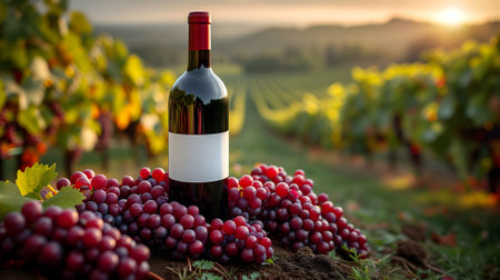 A red wine bottle in front of a landscape of grape farmland.の素材
