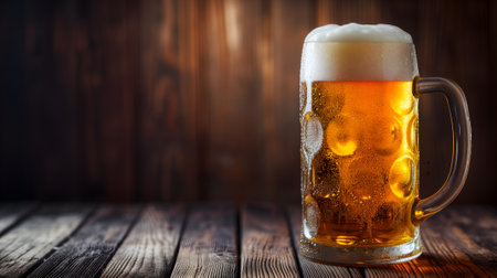cold mug with beer, with overflowing froth, on wooden table and dark background with copy space, side viewの素材