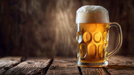 cold mug with beer, with overflowing froth, on wooden table and dark background with copy space, side viewの素材