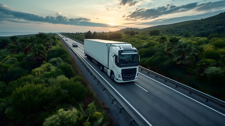 white European semitruck is seen from the sky on a highway backed by vegetationの素材