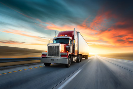 Classic American long-nose semitruck on a highwayの素材