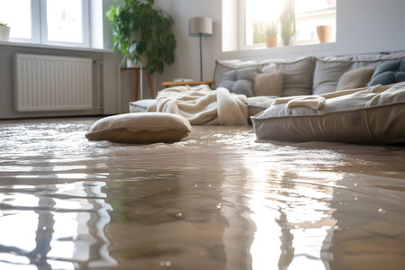 Home Floor Flooded, Showcasing Water Damage And Potential Issuesの素材