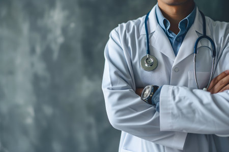 Abstract Medical Doctor, Symbolizing Compassion and Expertise asymmetrical composition with copy space.の素材