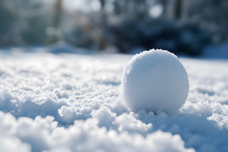 Snowball on snow covered ground at sunny winter day for snow ball effect conceptの素材