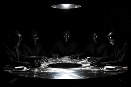 reptile men in business suits sitting at the table in dark room, secret world government conceptの素材