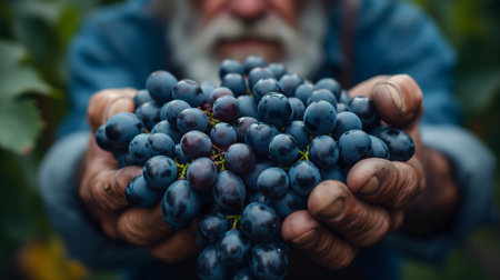 close-up shot of weathered farmer hands gently harvesting ripe grapes in a sunlit vineyardの素材
