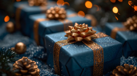 blue Christmas gift boxes with a gold bow for holiday backgroundの素材