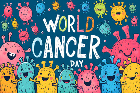 Simple cartoon world cancer day background with the inscription on it, surrounded with colorful happy tumorsの素材