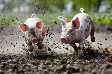 Two pigs running in a dirt at sunny day with splashes of mudの素材