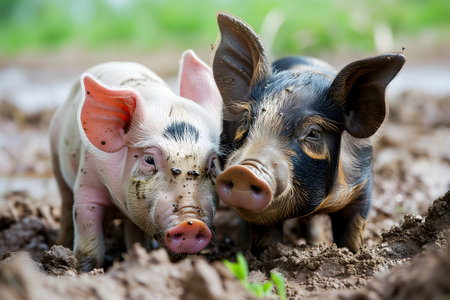 Two young pigs laying in a dirtの素材