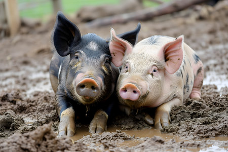 Two young pigs laying in a dirtの素材