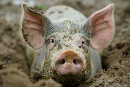 Young pig laying in a dirtの素材