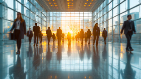 Many business people walking in bright office lobby fast moving with blurry.の素材