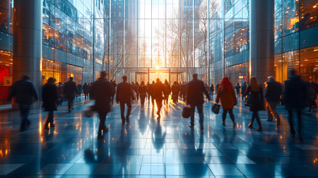 Many business people walking in bright office lobby fast moving with blurry.の素材