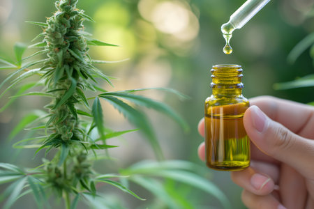 Hand holding CBD hemp oil droplet against marijuana buds - alternative medicine, cannabis oil concept.の素材