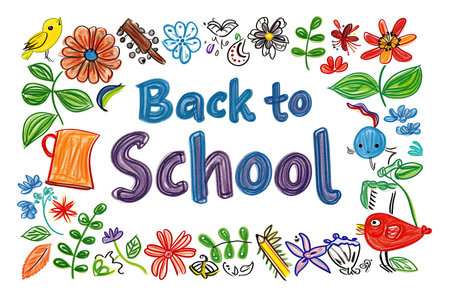 Naive childrens drawing with colored chalk on white paper, made by hand by a child, text Back to Schoolの素材