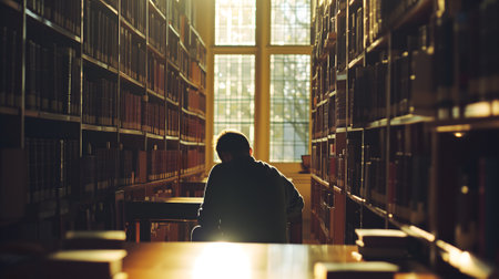 a student sits alone in a dimly lit corner of a library, looking overwhelmed by the books. The towering bookshelves in the background adding to the atmosphere of pressure and academic stressの素材